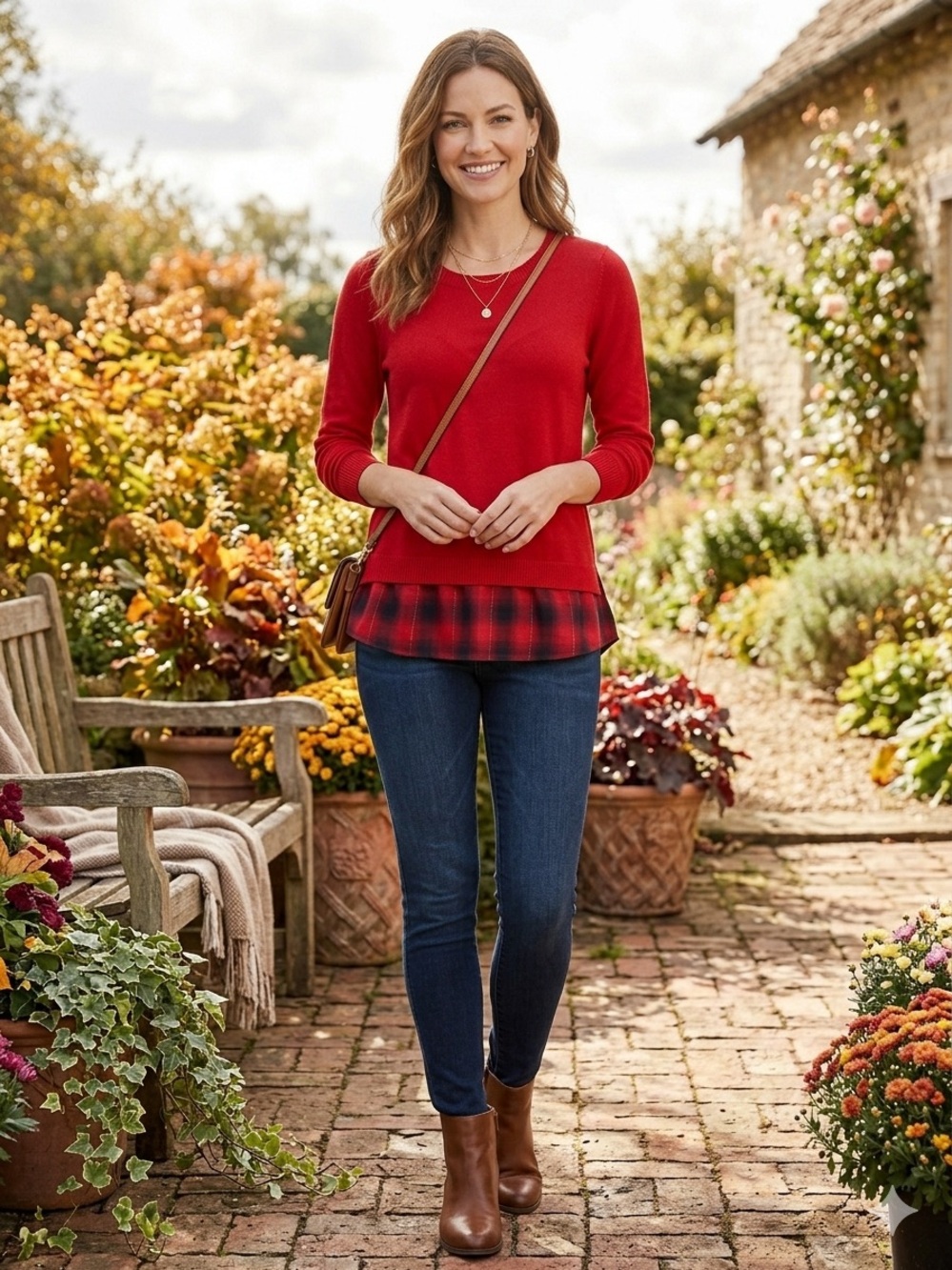 New York & Company Red 2-in-1 Layered Plaid Hem Sweater Size Small